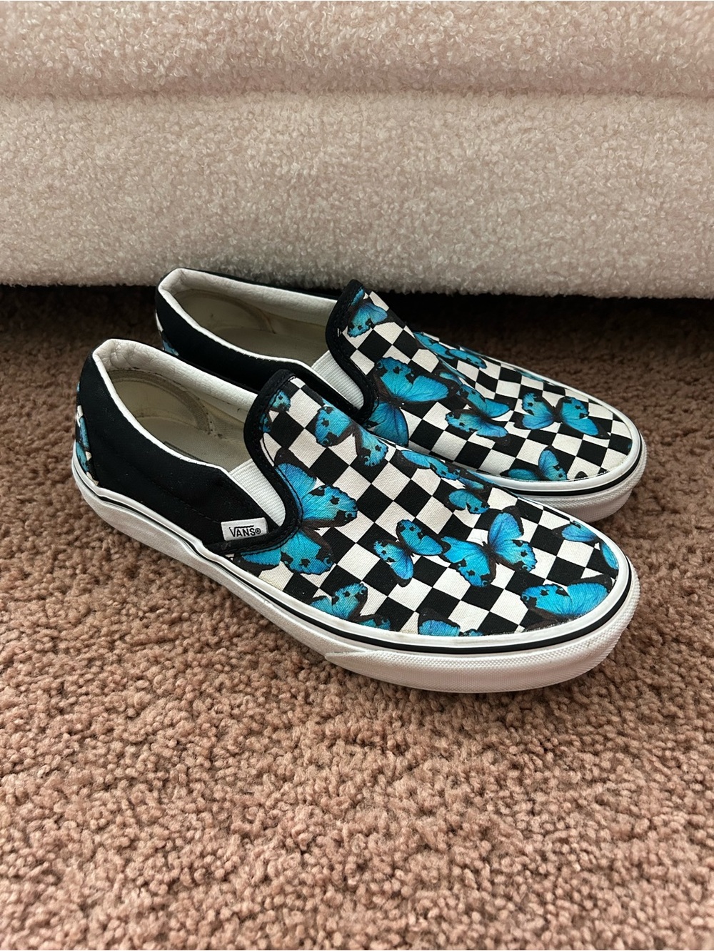 Women’s Size 9Vans Black & White Checkerboard Slip-Ons with Blue Butterflies